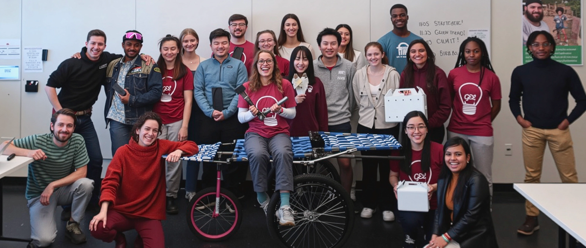 A group of MIT D-Lab students pose together in a classroom, standing and kneeling around a prototype stretcher mounted on bicycle wheels. Some students wear matching t-shirts with a lightbulb logo, and others hold small devices.